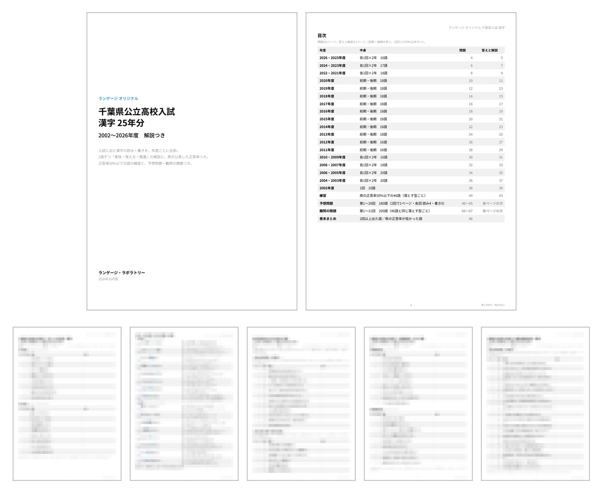 千葉県公立高校入試 漢字 25年分のPDFの見本。表紙と目次はそのまま、中身のページはぼかしてある。
