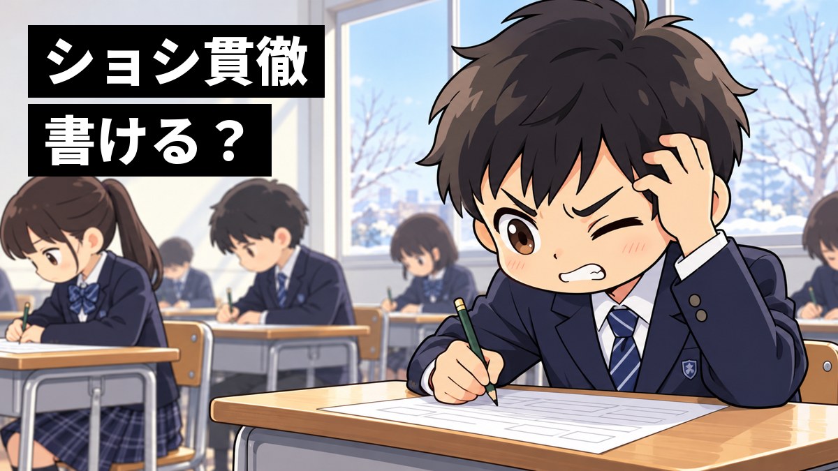 冬の入試会場の教室で、館山中の制服の中学3年生の男子が問題用紙を前に、あと少しで思い出せない漢字に鉛筆をにぎりしめ、悔しそうに顔をしかめているイラスト。「ショシ貫徹書ける?」の文字。