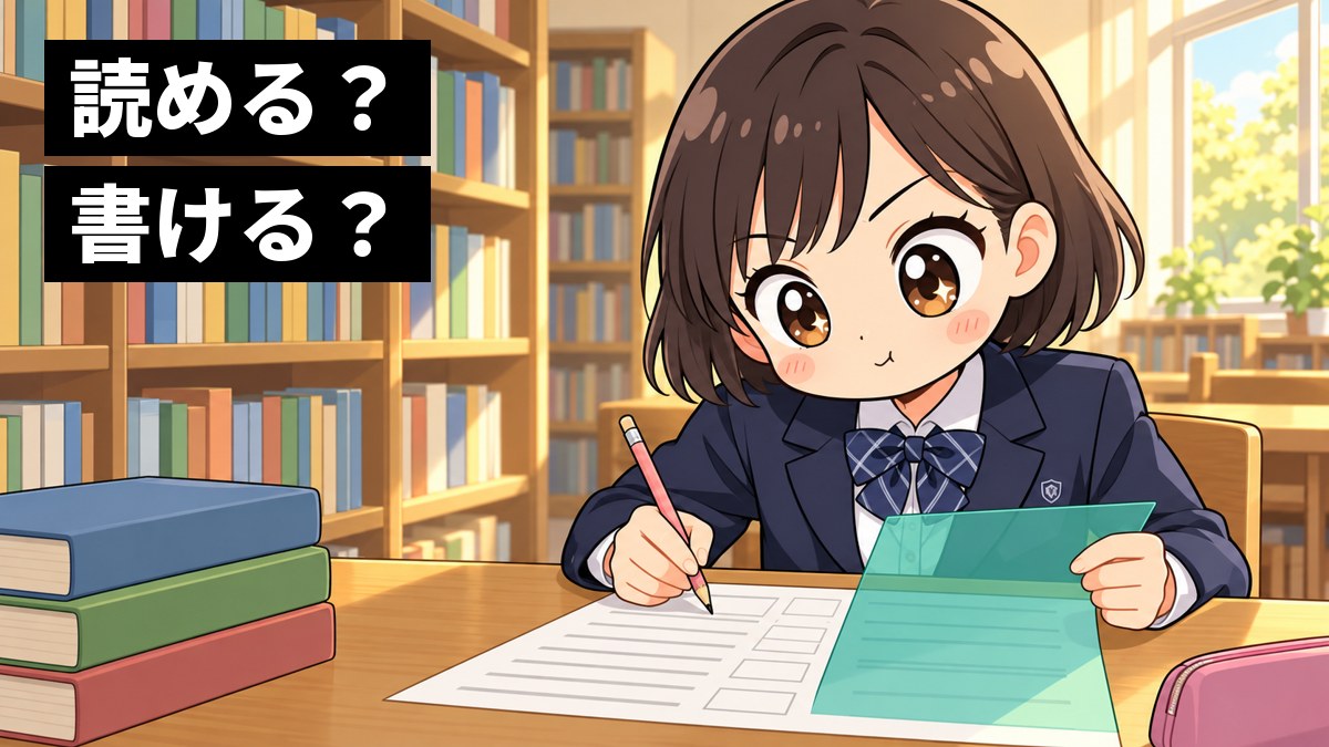 学校の図書室の机で、館山中の制服の中学3年生の女子が下じきでプリントの答えを隠し、読めるか書けるかを試すのに夢中になっているイラスト。「読める?書ける?」の文字。