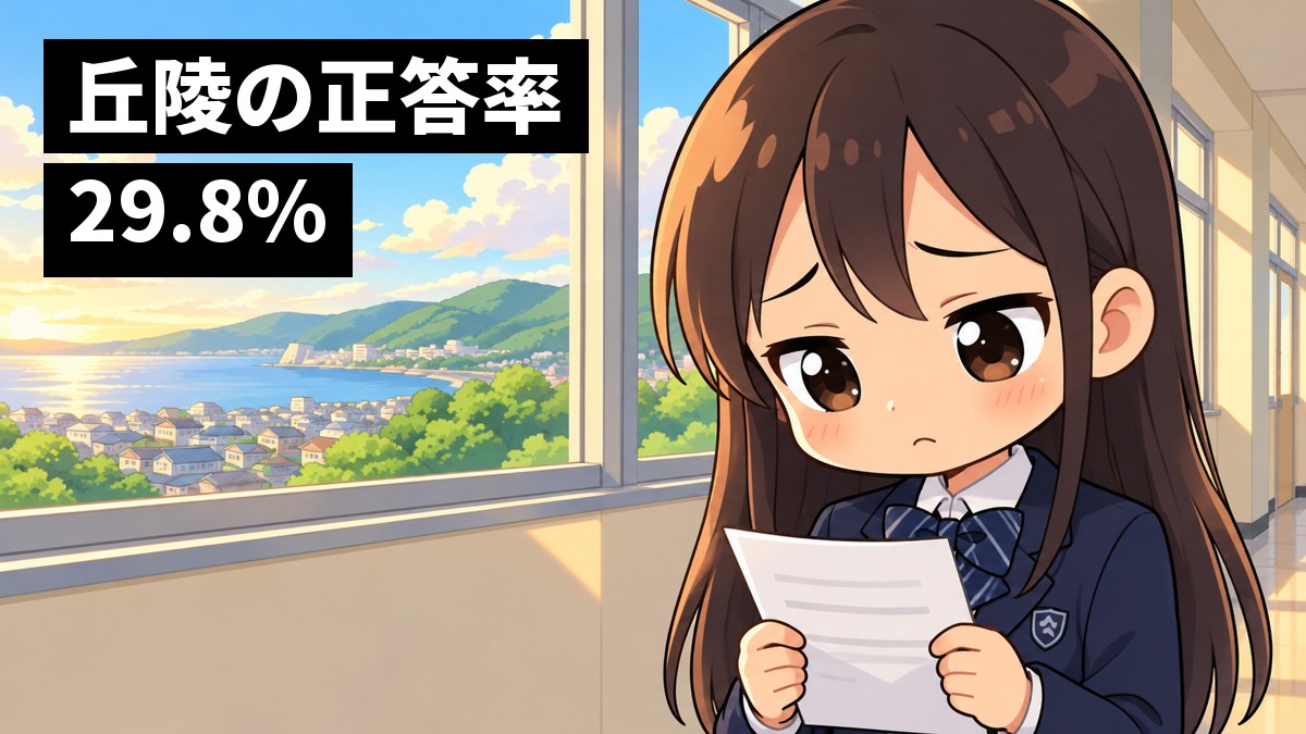 学校の廊下の窓辺で、館山中の制服の中学3年生の女子が返ってきた漢字の小テストを両手で持ち、まちがえた問題を見て肩を落としてしょんぼりしているイラスト。「丘陵の正答率29.8%」の文字。