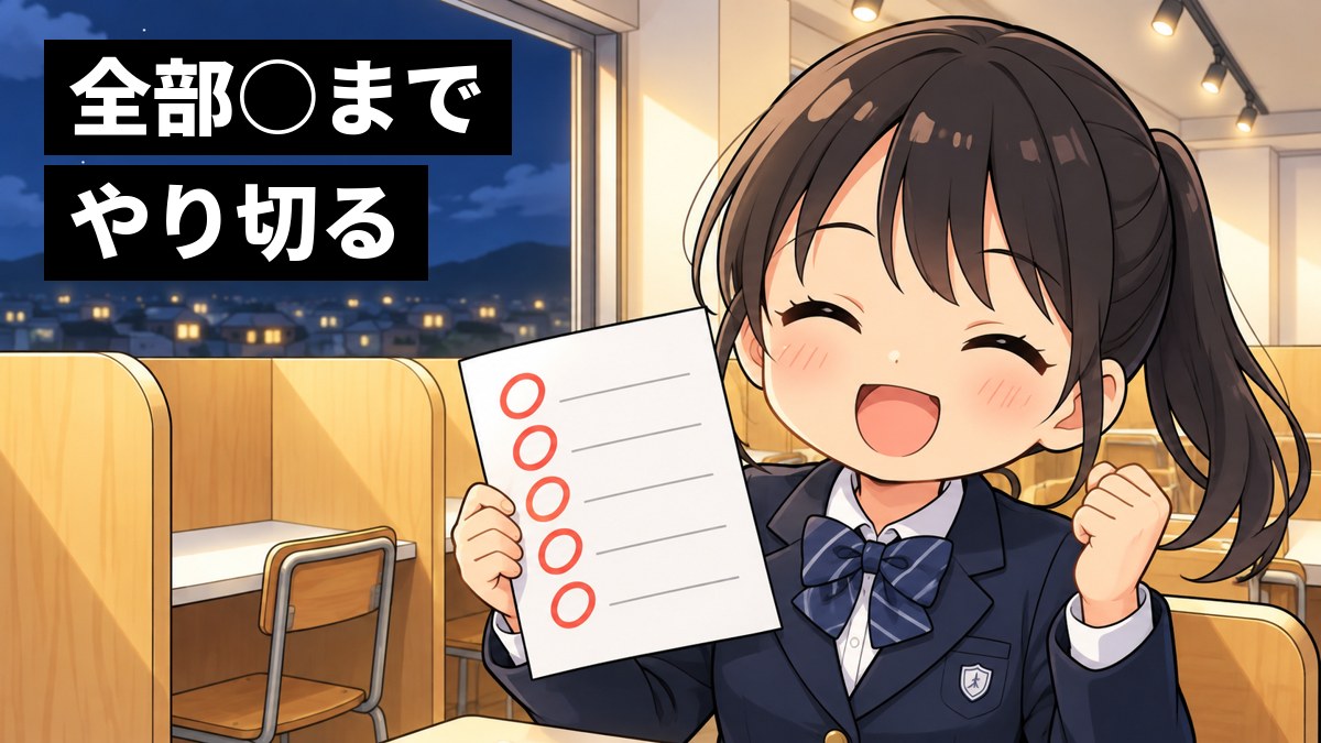 夜の塾の自習ブースで、館山中の制服の中学3年生の女子が全部○がついた漢字プリントを片手に持ち、やり切った笑顔でガッツポーズをしているイラスト。「全部○までやり切る」の文字。