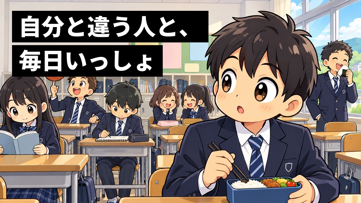 休み時間の公立中学校の教室で、制服の男子生徒が、部活の話で盛り上がる子・本を読む子・絵を描く子など、いろんな同級生を見回して目を輝かせている。「自分と違う人と、毎日いっしょ」の文字。