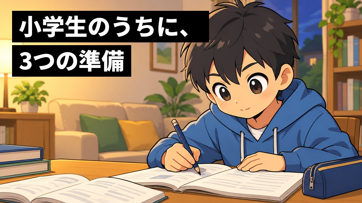 夕方の家のリビングのテーブルで、私服の小学6年生の男の子が、英語と算数のドリルを広げて夢中になって鉛筆を走らせている。「小学生のうちに、3つの準備」の文字。