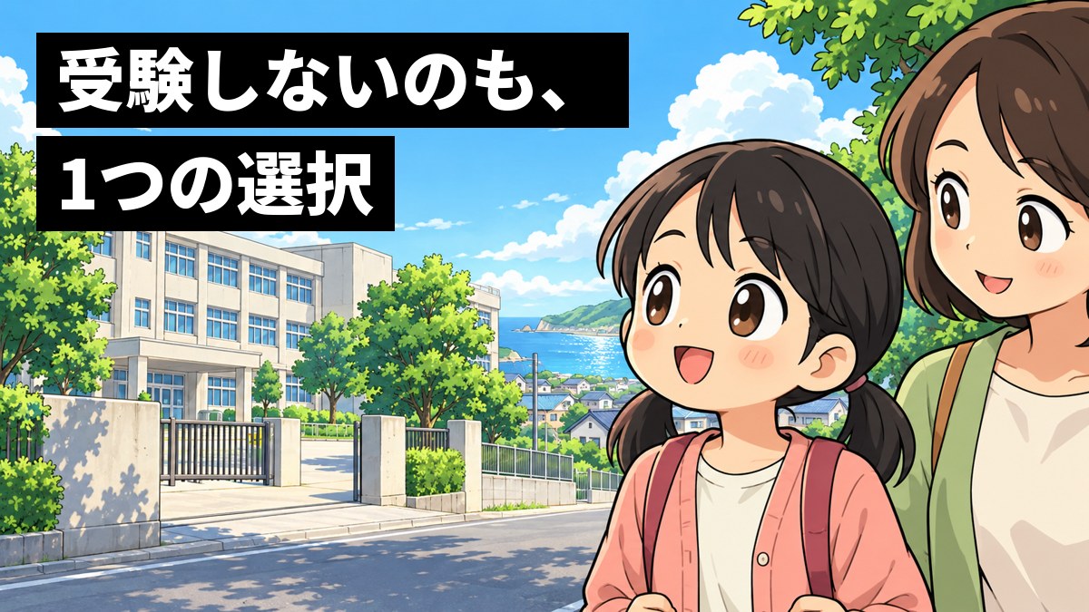 晴れた日、私服の小学6年生の女の子が母親と並んで歩きながら、春から通う公立中学校の校舎を見上げて安心したように笑っている。「受験しないのも、1つの選択」の文字。