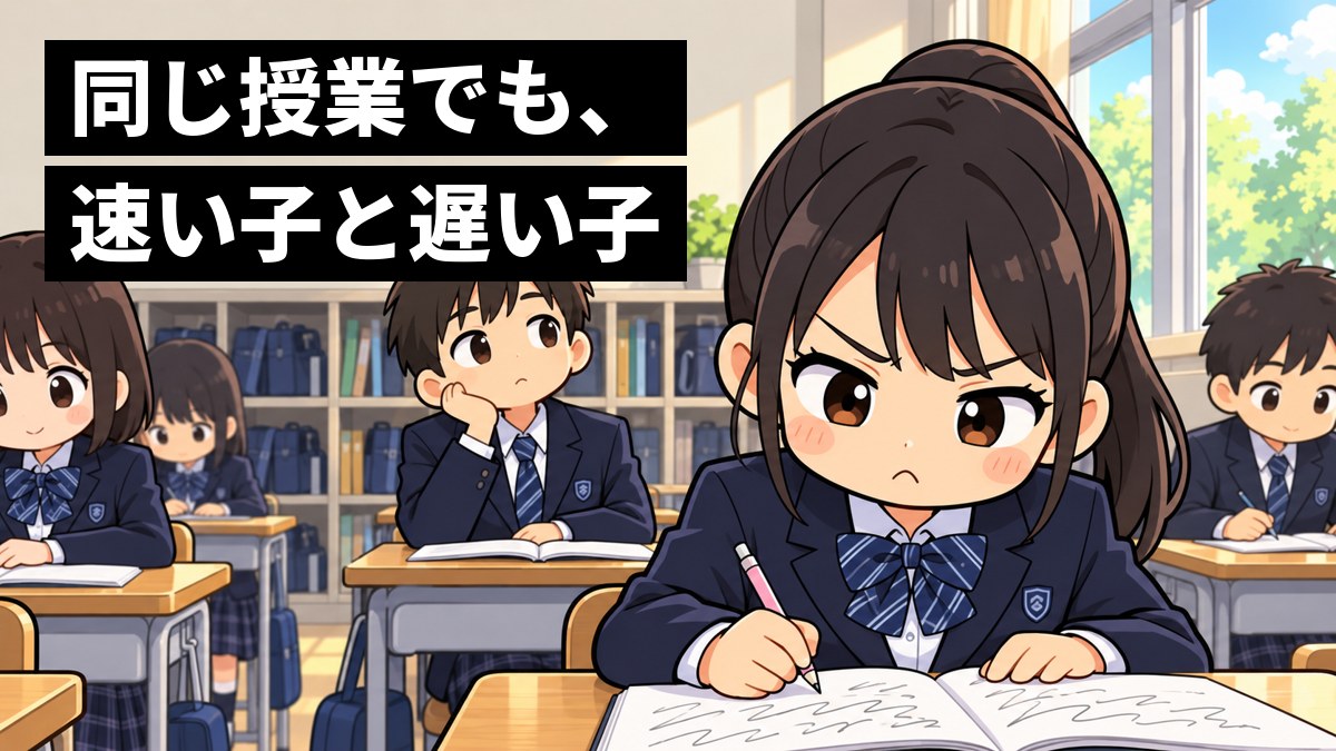 公立中学校の数学の授業中、制服の女子生徒が、授業の速さについていけず悔しそうに眉を寄せてノートをにらんでいる。後ろの席では、問題を早々に解き終えた男子がひまそうにほおづえをついている。「同じ授業でも、速い子と遅い子」の文字。