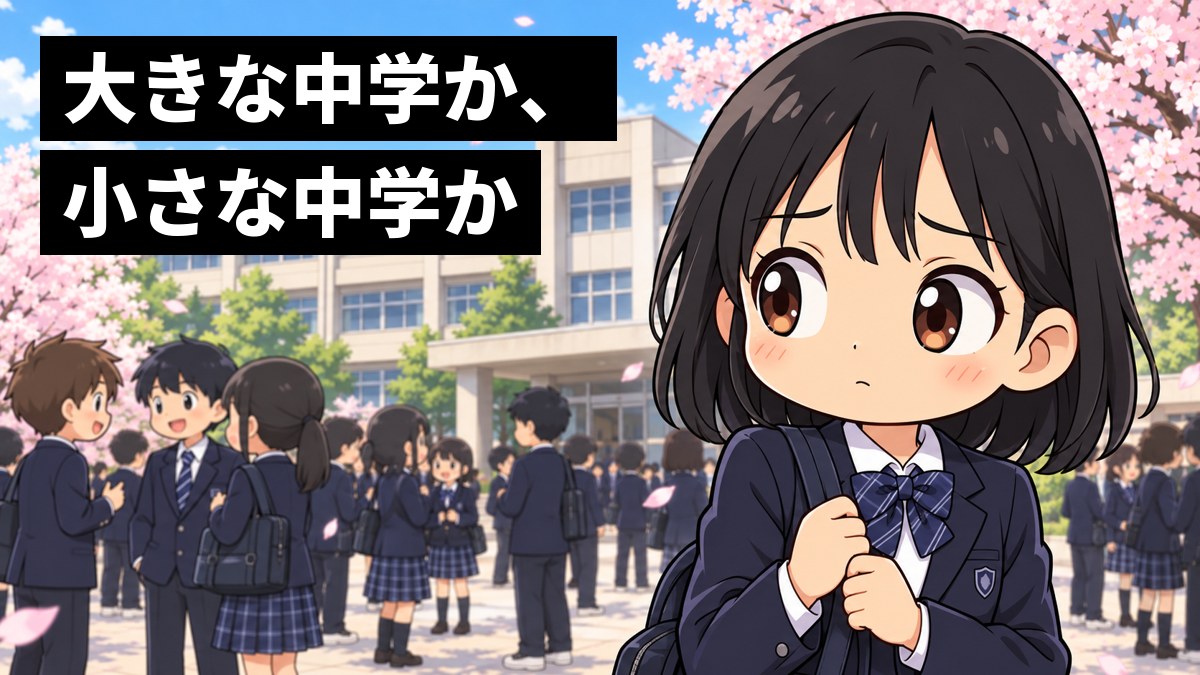 入学式の日の公立中学校の校庭で、制服の女子生徒が、知らない顔ばかりの大勢の新入生の中で、少し心細そうに鞄のひもを握っている。「大きな中学か、小さな中学か」の文字。