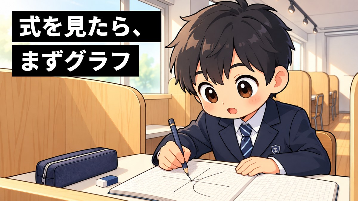 塾の窓ぎわの自習ブースで、館山中の制服の中1の男子が方眼のノートに比例と反比例のグラフを描き、目を輝かせて見つめる。「式を見たら、まずグラフ」の文字。
