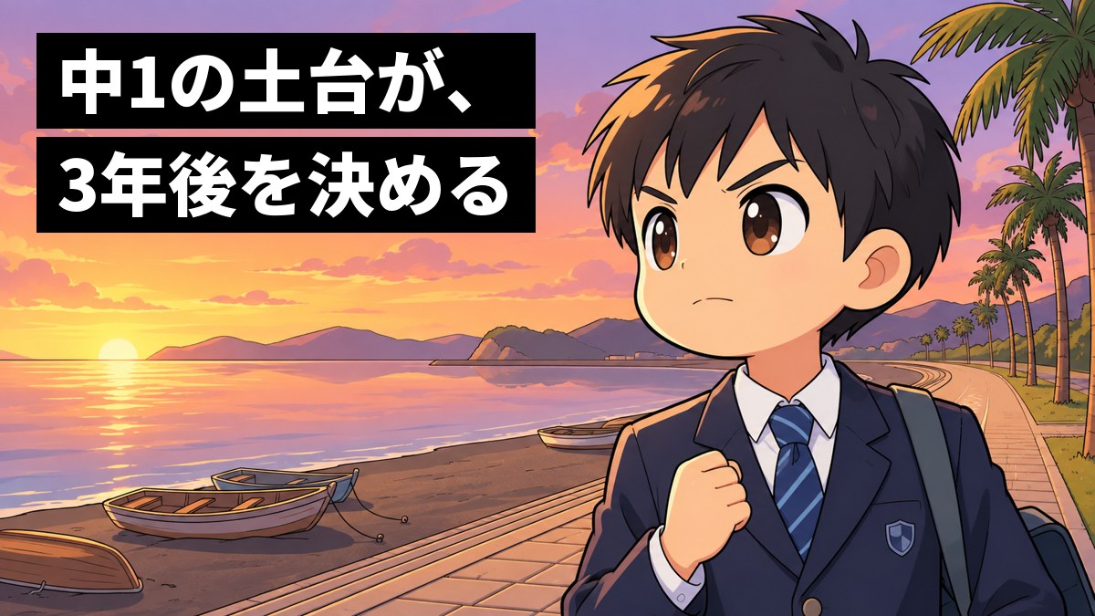 夕方の北条海岸の遊歩道で、館山中の制服の中1の男子がかばんを肩にかけ、こぶしを握って前を見すえる。「中1の土台が、3年後を決める」の文字。