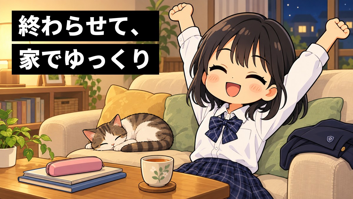夜のリビングで、館山中の制服の中1の女子が、閉じた宿題のノートをテーブルに置いたまま、ソファで大きくのびをして満足そうに笑う。「終わらせて、家でゆっくり」の文字。