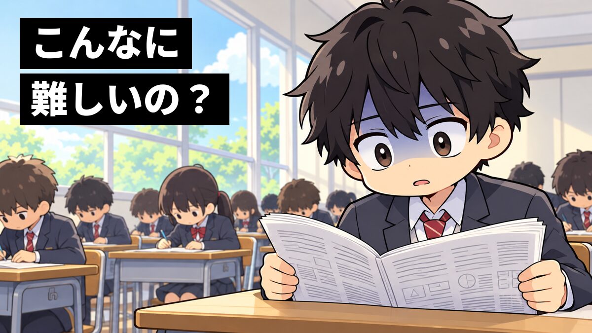 大きな試験会場で、分厚い模試の冊子を前に青ざめて途方にくれる高校1年生の男子。「こんなに難しいの?」の文字。