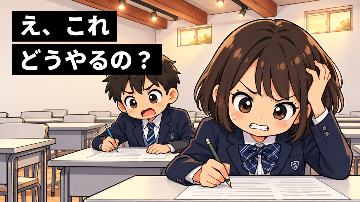 塾の教室で、全統中の問題用紙を前に眉間にしわを寄せてうなる中1の男女。「え、これどうやるの?」の文字。