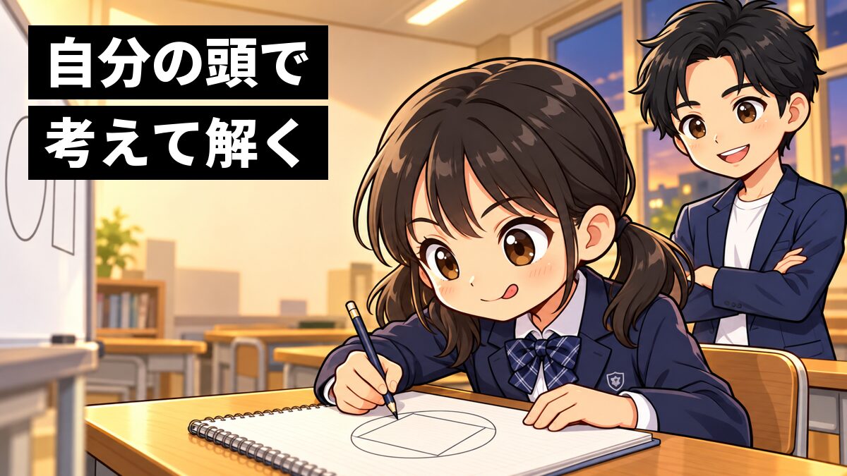 塾の教室で、ノートに図をかきながら夢中で考える中1の女子生徒と、横から見守る塾長。「自分の頭で考えて解く」の文字。