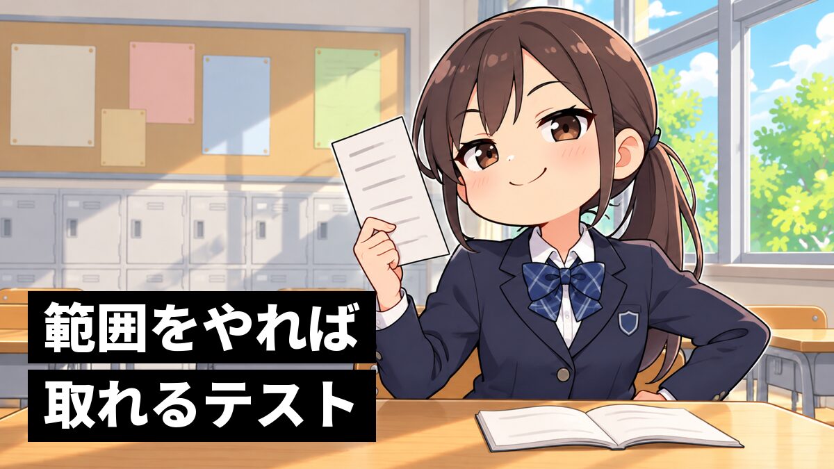 中学校の教室で、薄いプリント1枚の小さなテストを手に、得意げに胸を張る中1の女子生徒。「範囲をやれば取れるテスト」の文字。