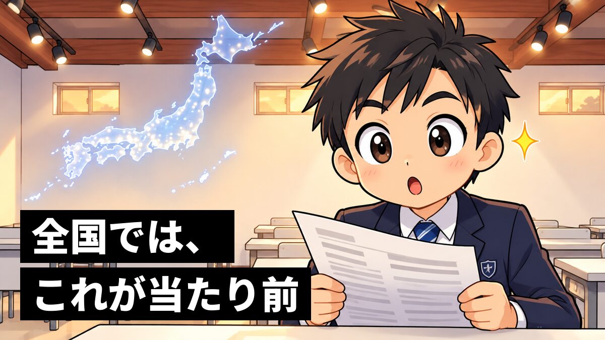 塾の教室で、問題用紙を手に、ひらめいてハッと目を見開く中1の男子生徒。背景に日本列島の形がうっすら浮かぶ。「全国では、これが当たり前」の文字。