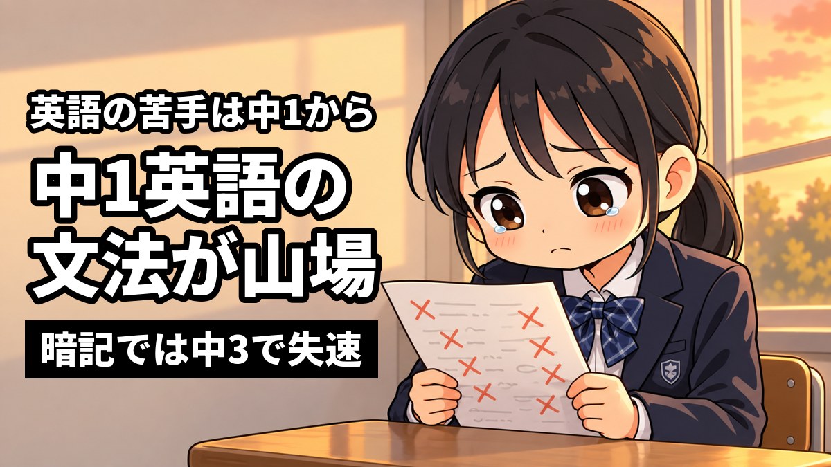 夕方の中学校の教室の窓ぎわの席で、館山中の制服の女子中学生が赤いバツの多い英語のプリントを見つめ、しょんぼりしているイラスト。「英語の苦手は中1から」「中1英語の文法が山場」「暗記では中3で失速」の文字。