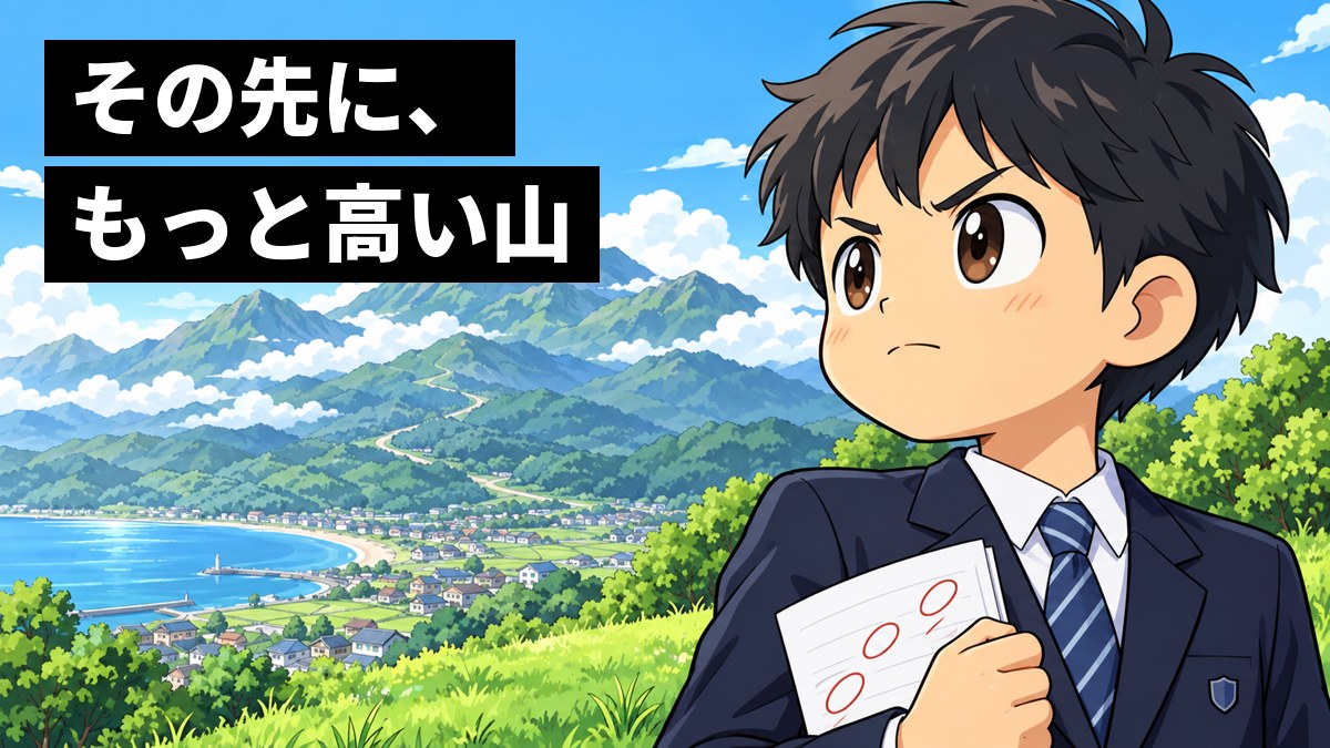 小さな丘の上で答案用紙を手に、遠くにそびえる高い山々を見上げて唇を結ぶ中学の制服の男子。「その先に、もっと高い山」の文字。