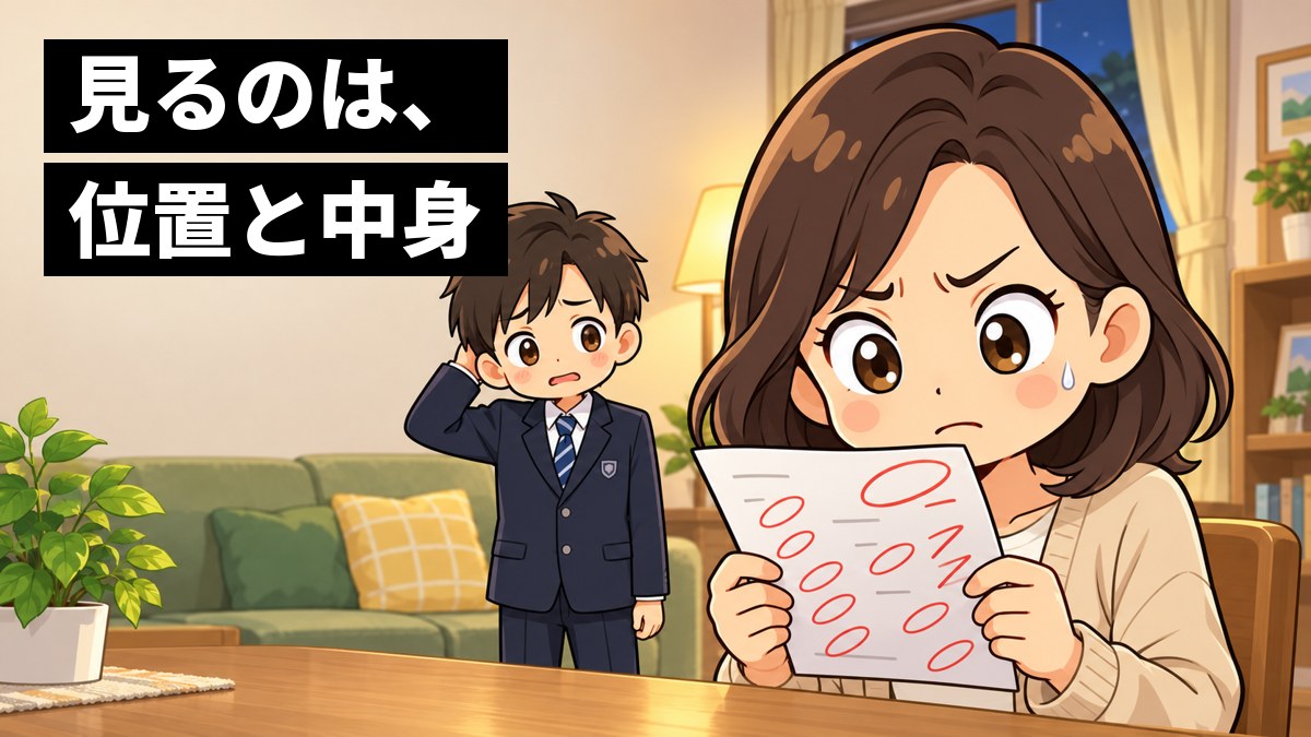 リビングで返ってきた答案用紙を見て、一瞬ギョッとして眉をひそめる母親と、後ろで気まずそうにする中学の制服の息子。「見るのは、位置と中身」の文字。
