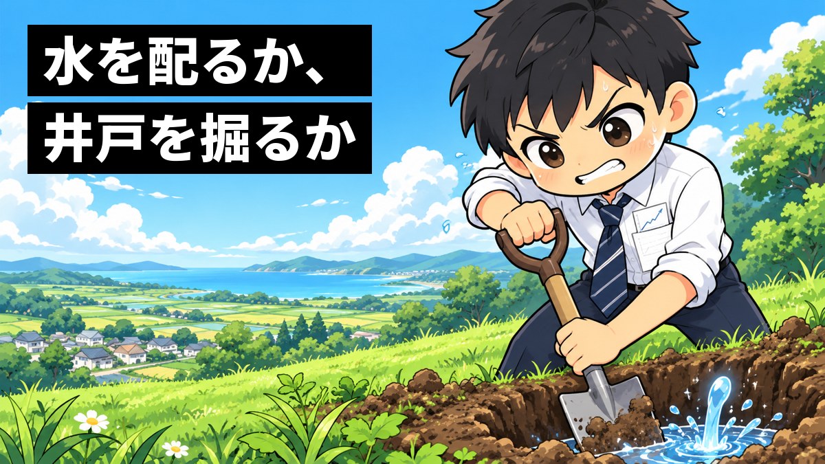 青空の下の野原で、白シャツ姿の中学生の男子が歯を食いしばってスコップで井戸を掘り、足元から水がわき出している。「水を配るか、井戸を掘るか」の文字。