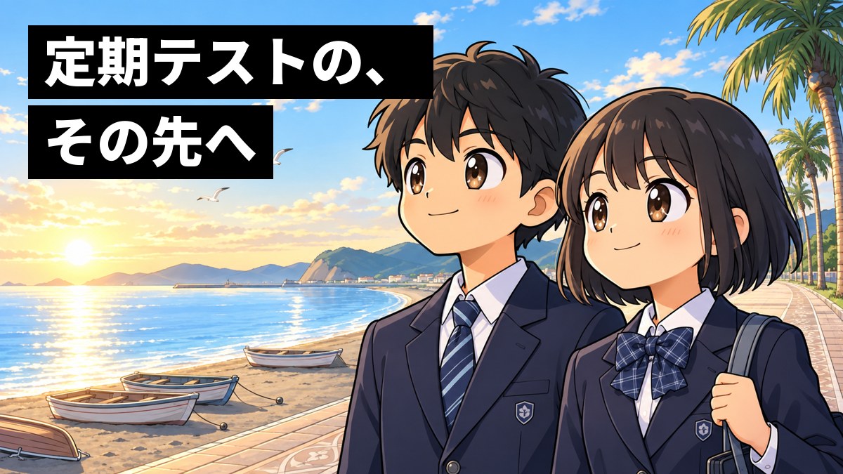 朝の海辺の遊歩道で、中学の制服の男子と女子が並んで、希望に満ちた目で海の向こうを見つめている。「定期テストの、その先へ」の文字。
