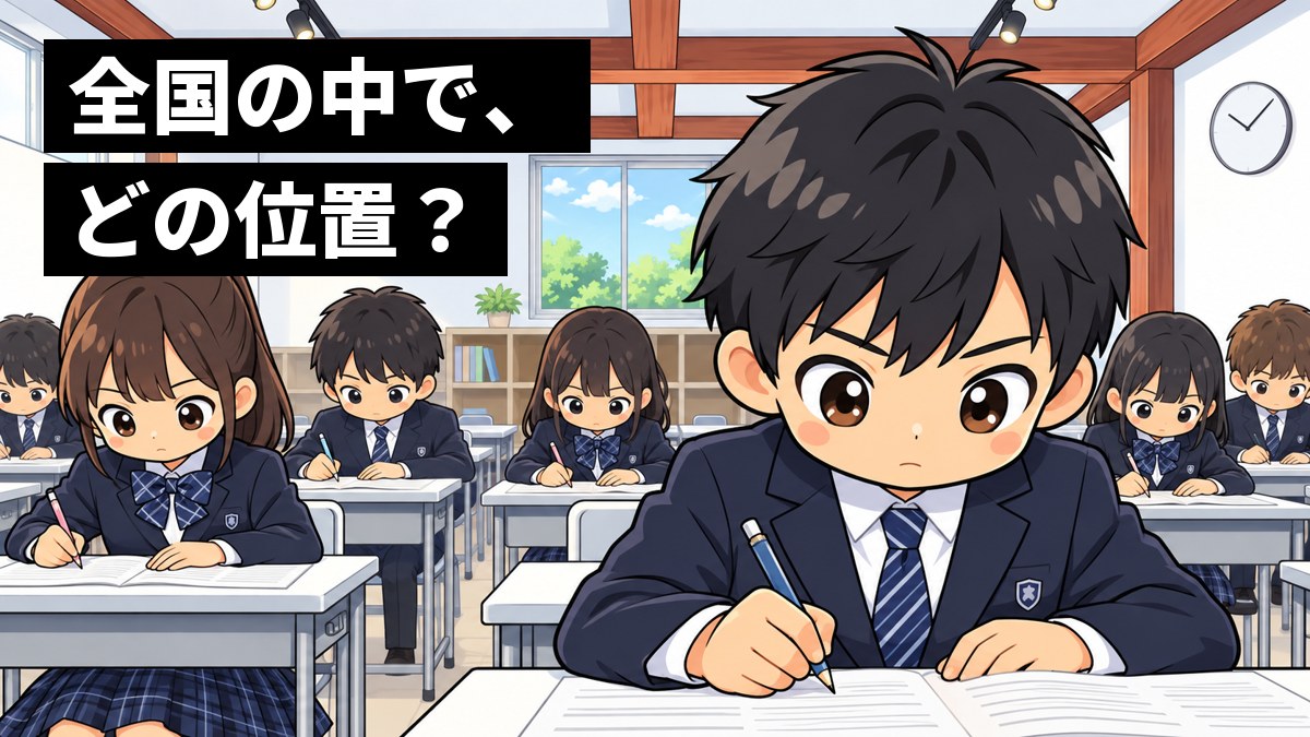 塾の教室を会場にした模試で、中学の制服の男子が真剣なまなざしで問題用紙に向かっている。後ろの席でも、同じ向きで生徒たちが受験している。「全国の中で、どの位置?」の文字。