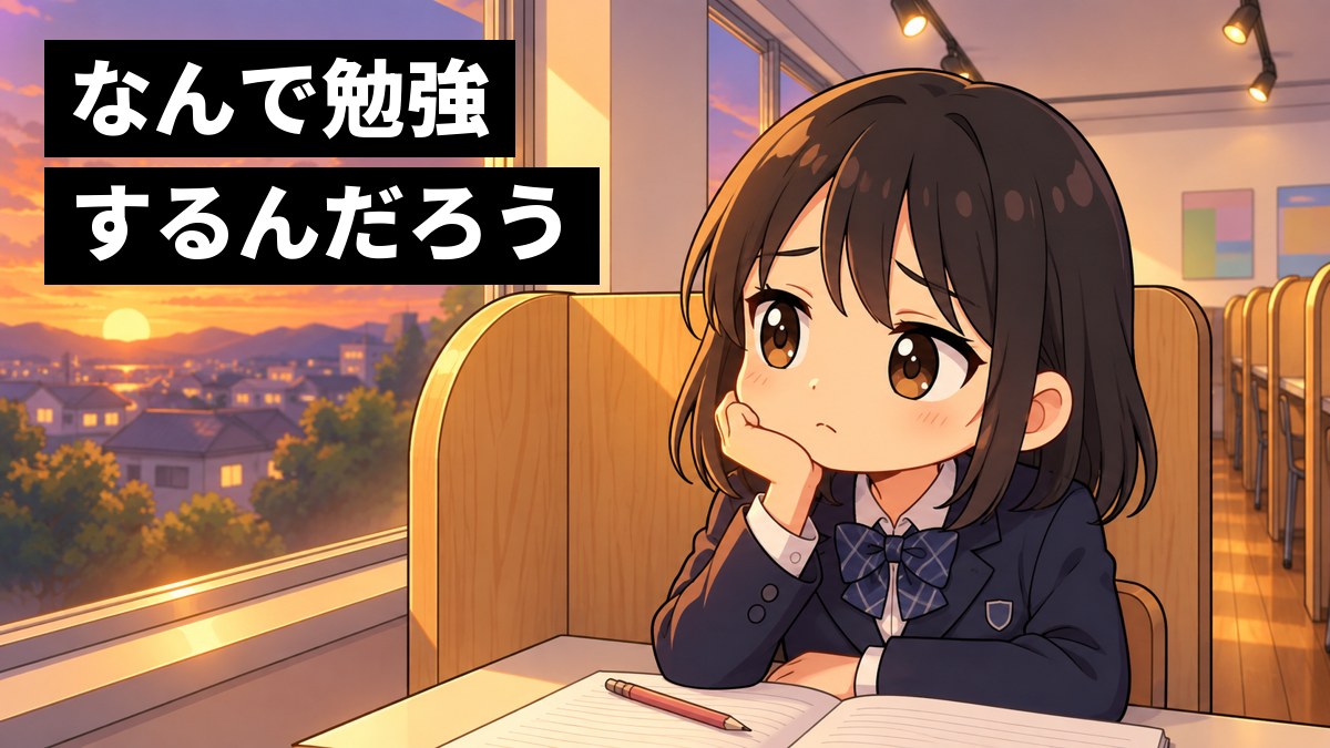 夕方の塾の自習席で、鉛筆を置いてほおづえをつき、しょんぼりと窓の外を見る中学の制服の女子。「なんで勉強するんだろう」の文字。