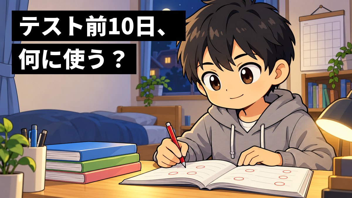 夜の自分の部屋の机で、積み上げたワークを前に落ち着いた顔で赤ペンの丸をつける中学生の男子。「テスト前10日、何に使う?」の文字。