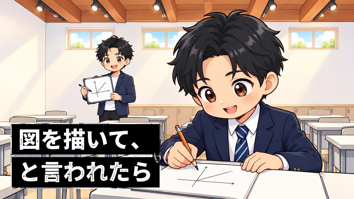 塾の教室で、ホワイトボードにグラフを描いて指す塾長の前で、中学の制服の男子が夢中でノートに図を描き込んでいる。「図を描いて、と言われたら」の文字。