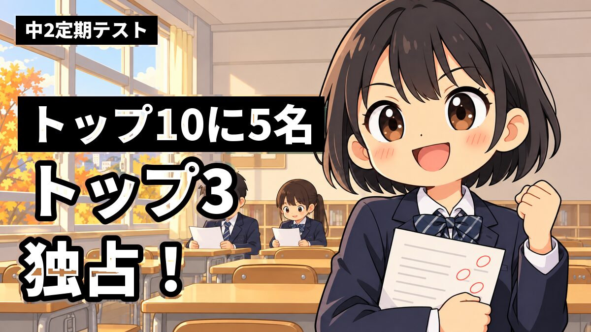 中学校の教室で、返ってきた答案用紙を胸に、前を向いて自信ありげに笑う中学の制服の中学生。「トップ3独占！」「トップ10に5名」「中2定期テスト」の文字。
