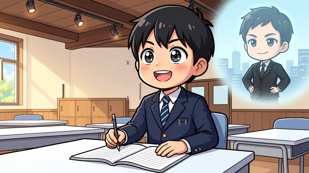 塾の教室で勉強する中学生と、頭の上に浮かぶスーツ姿の未来の自分のイラスト