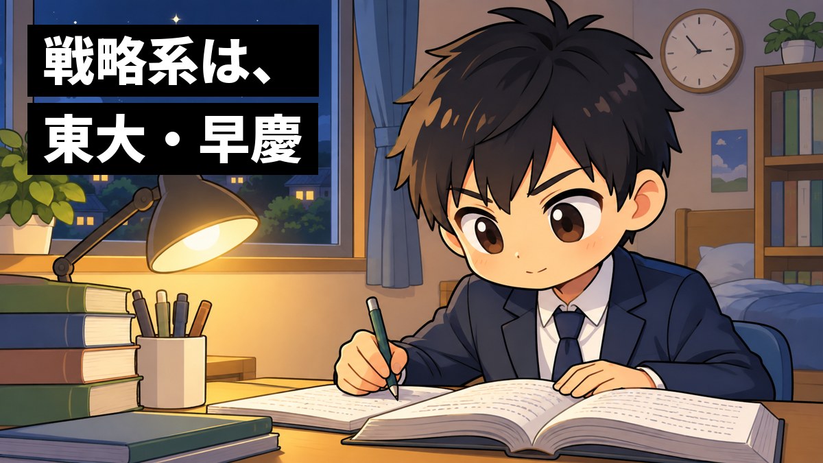 夜の自分の部屋の机で、紺のブレザーの男子高校生が、問題集とノートに没頭して周りが見えなくなっている。窓の外は夜。「戦略系は、東大・早慶」の文字。