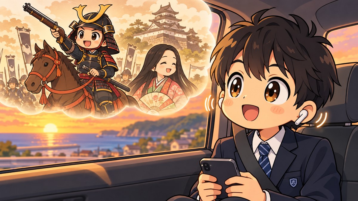 夕方、車の後部座席で館山中の制服を着た中学生がイヤホンで歴史のポッドキャストを聞き、頭の上に鎧の武士や着物の女性、城の場面が浮かんで、目を輝かせている挿絵