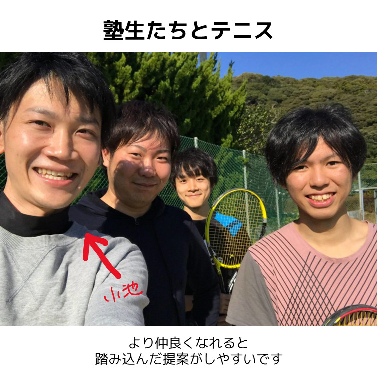 館山市の学習塾ランゲージ・ラボラトリーの塾長が塾生たちとテニスをする