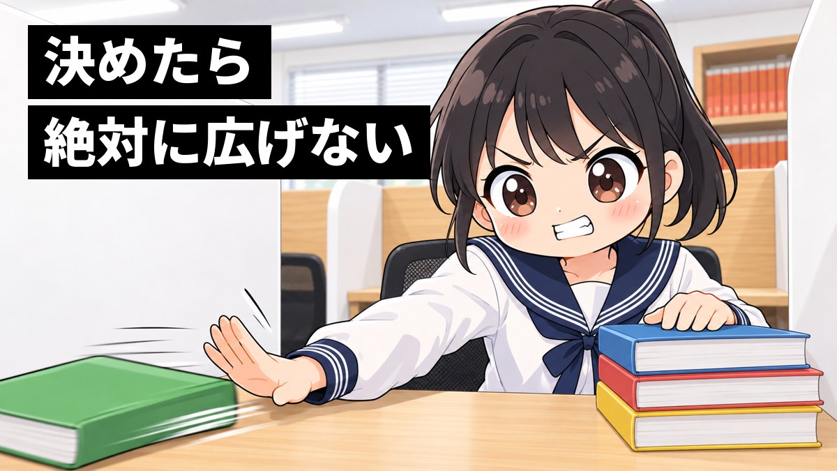 東進館山校の自習ブースで、木更津高校のセーラー服の女子高校生が教科書の山から1冊を脇へ押しやり、残した3冊に手を置いて歯を食いしばり決意している。「決めたら」「絶対に広げない」の文字。