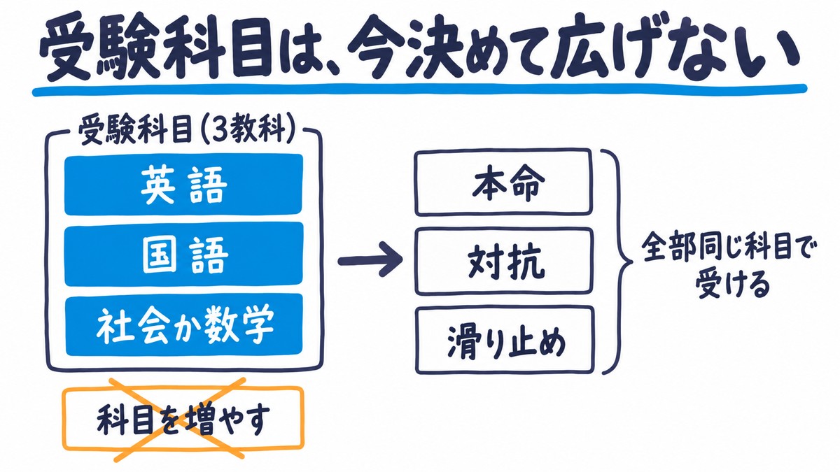 受験科目の決め方の手描き図解。受験科目の3教科(英語・国語・社会か数学)で、本命・対抗・滑り止めを全部同じ科目で受ける。科目を増やすにはバツ。見出しは「受験科目は、今決めて広げない」。