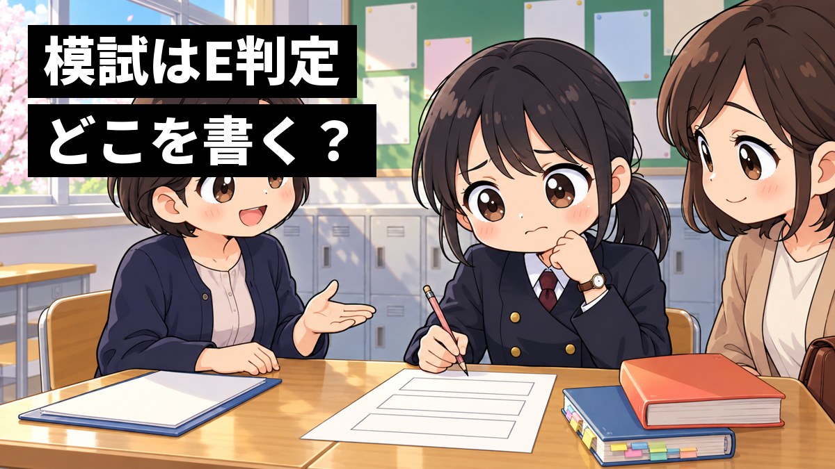 高校の教室での三者面談。安房高校の制服の女子高校生が空欄の志望校の用紙を前に眉を下げて考え込み、担任の先生が落ち着いた顔で話しかけている。「模試はE判定」「どこを書く?」の文字。