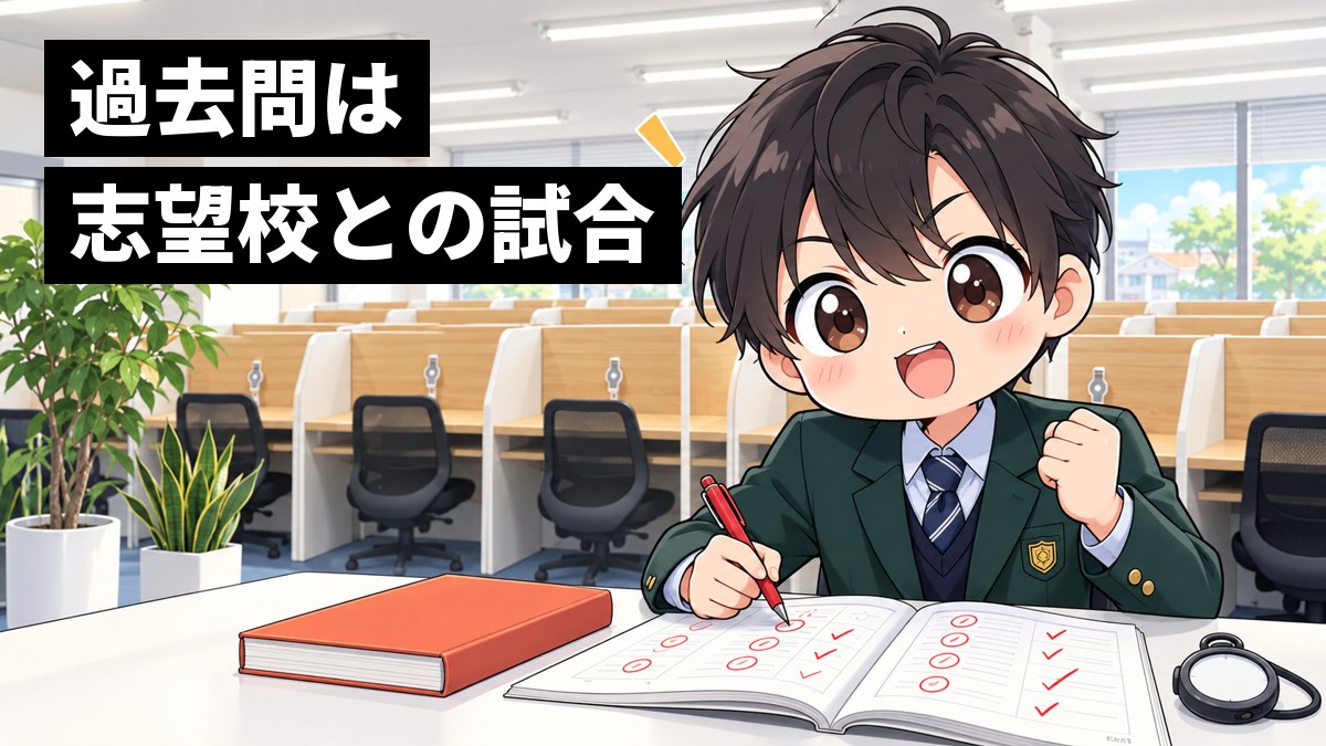 東進館山校の白い机で、志学館高校の緑のブレザーの男子高校生が過去問を1年分解き終え、赤ペンで採点しながら目を丸くして、何が足りないかに気づいている。「過去問は」「志望校との試合」の文字。