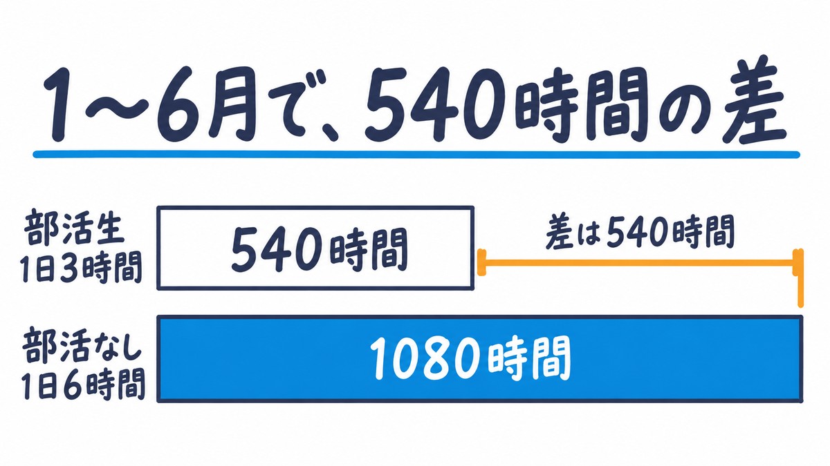 部活生と部活のない人の勉強時間の差の手描き図解。1月から6月で、1日3時間の部活生は540時間、1日6時間の人は1080時間で、差は540時間。見出しは「1〜6月で、540時間の差」。