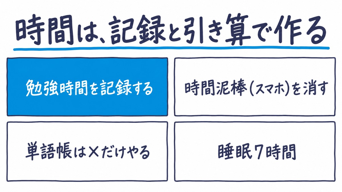 勉強時間の作り方の手描き図解。勉強時間を記録する、時間泥棒(スマホ)を消す、単語帳は×だけやる、睡眠7時間。見出しは「時間は、記録と引き算で作る」。