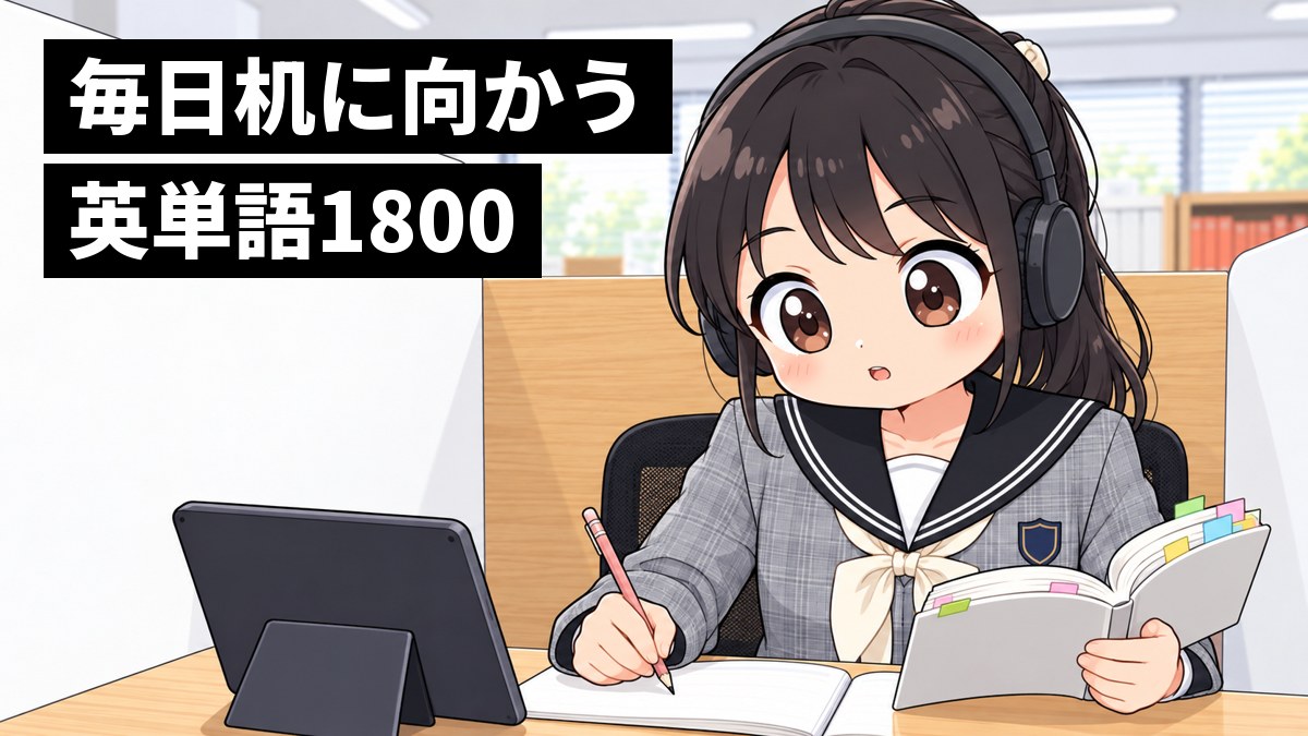 東進館山校の自習ブースで、翔凜高校の制服の女子高校生がヘッドホンをつけ、ふせんだらけの単語帳とタブレットに没頭している。「毎日机に向かう」「英単語1800」の文字。