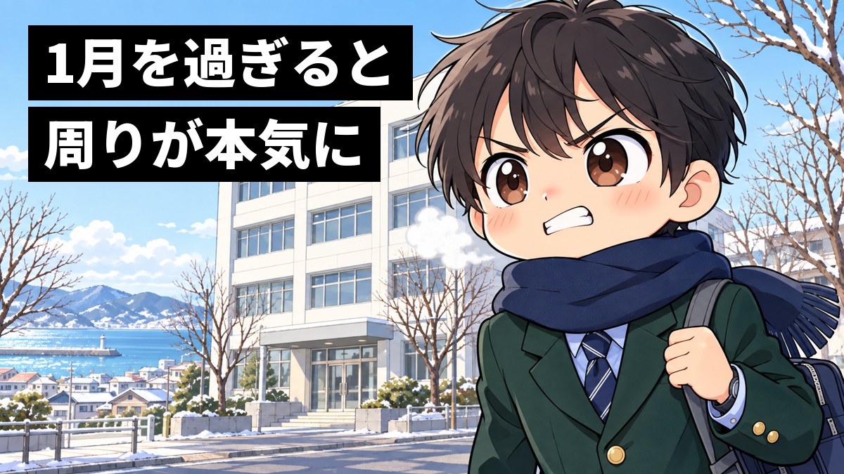 1月の寒い朝、マフラーを巻いた志学館高校の緑のブレザーの男子高校生が、白い息を吐きながら歯を食いしばり、決意の顔で東進館山校の入る白いビルへ向かっている。「1月を過ぎると」「周りが本気に」の文字。