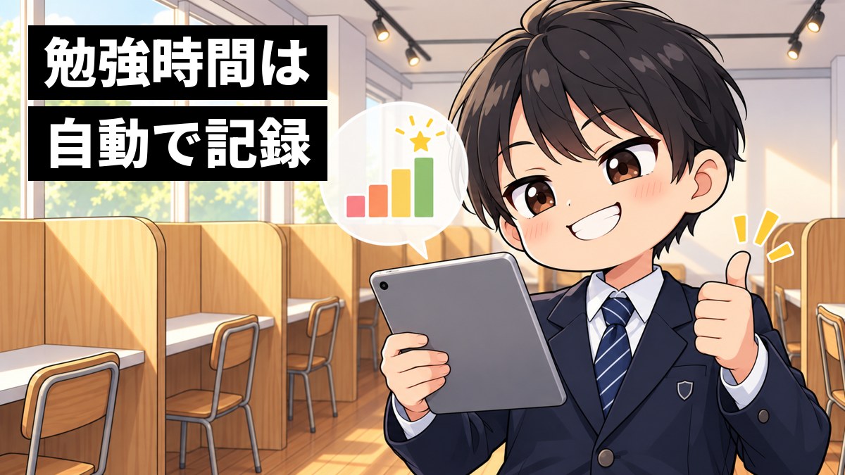 塾の自習席で、館山中の制服の男子中学生がタブレットのまなぶ君で勉強時間が積み上がったグラフを見て、得意げに胸を張っている。「勉強時間は」「自動で記録」の文字。