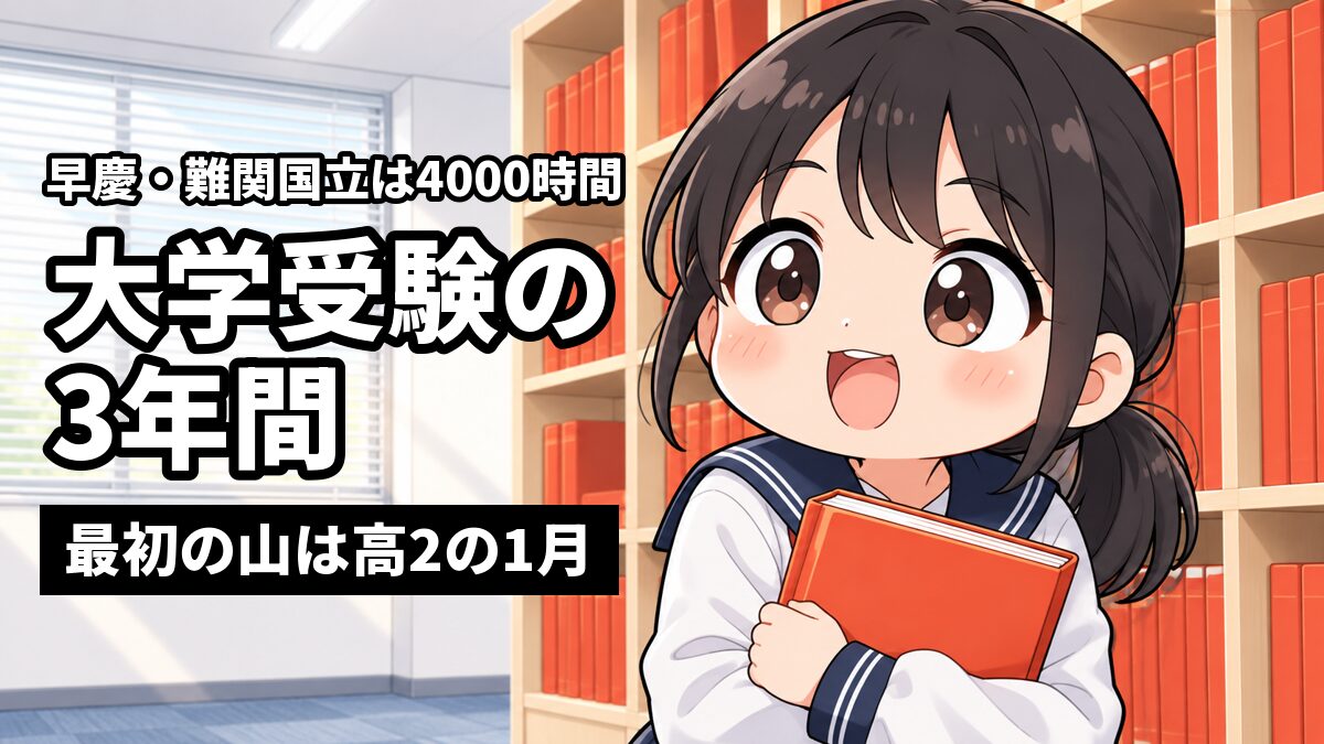 東進館山校の赤本の棚の前で、木更津高校のセーラー服の女子高校生が分厚い赤本を胸に抱え、ワクワクした顔で棚を見上げている。「早慶・難関国立は4000時間」「大学受験の3年間」「最初の山は高2の1月」の文字。