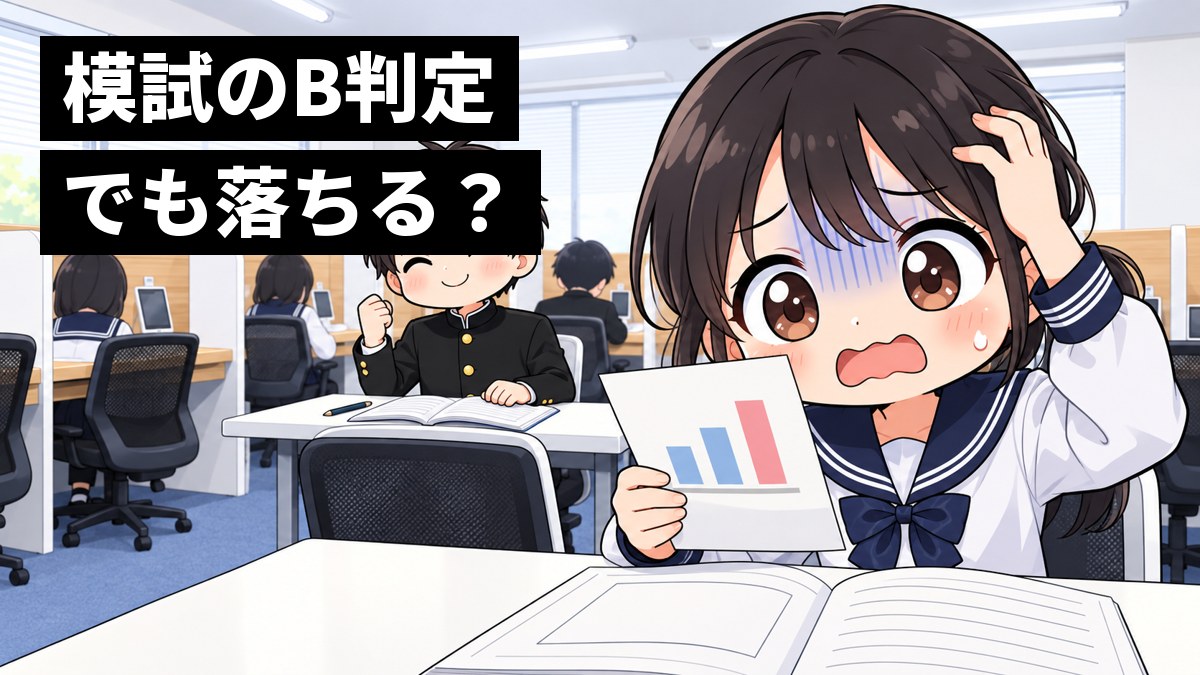 東進館山校の自習室で、木更津高校のセーラー服の女子高校生が模試の結果を手に、過去問の自由英作文の白い解答欄を前に頭を抱えて青ざめている。後ろでは学ランの男子高校生が手応えのある顔で過去問を解き終えている。「模試のB判定」「でも落ちる?」の文字。