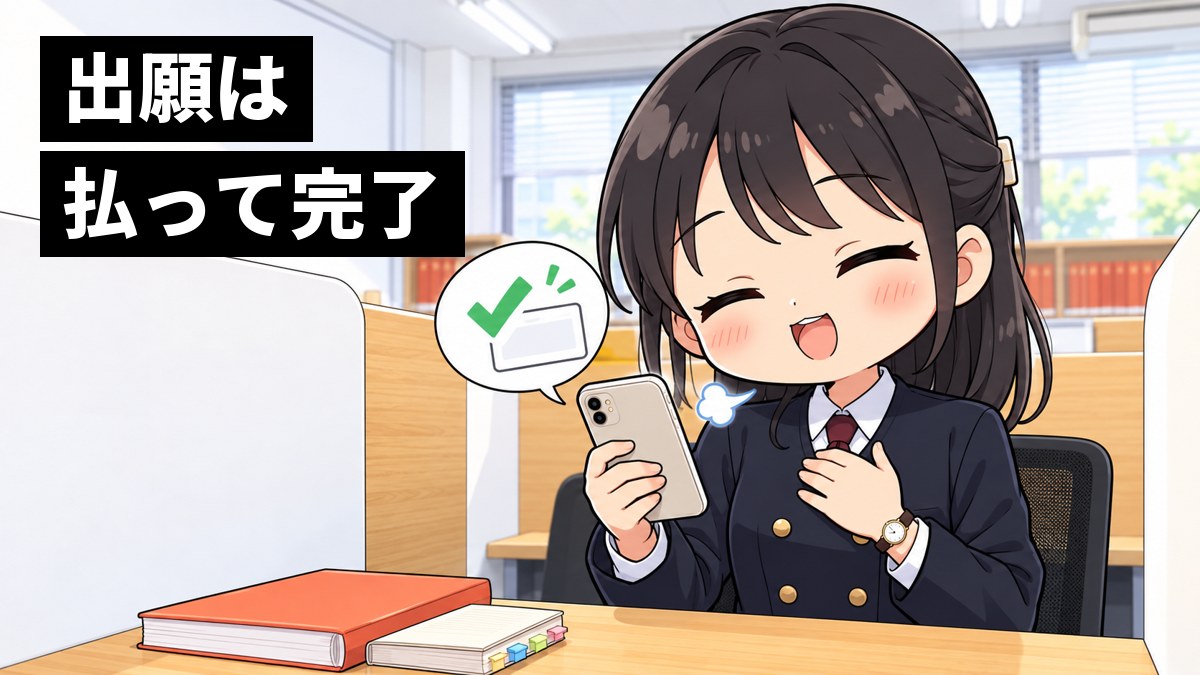 東進館山校の自習ブースで、安房高校の制服の女子高校生がスマホで共通テストの出願と支払いを済ませ、胸に手を当ててほっとしている。「出願は」「払って完了」の文字。