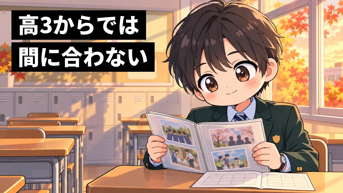 秋の夕方の高校の教室で、志学館高校の緑のブレザーの男子高校生が、通知表と活動の写真を貼ったファイルを見返し、思い出に目を細めている。「高3からでは」「間に合わない」の文字。