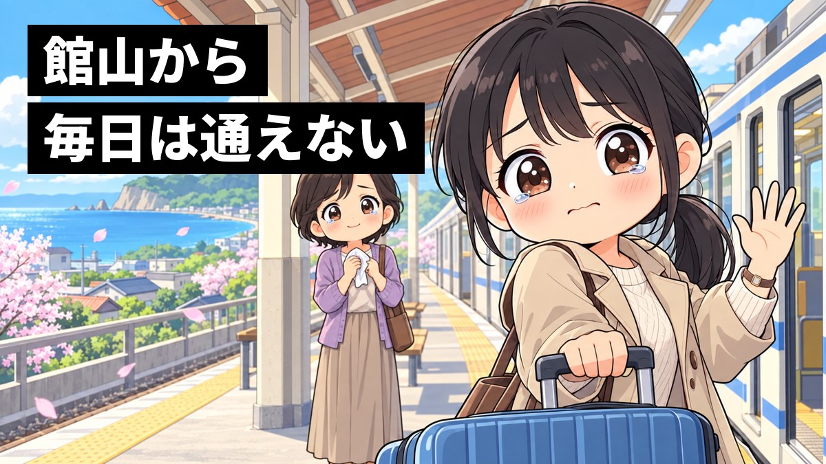 館山駅のホームで、私服の高校3年生が大きなスーツケースを持ち、見送りの母親と別れる。目をうるませながら手を振っている。「館山から」「毎日は通えない」の文字。