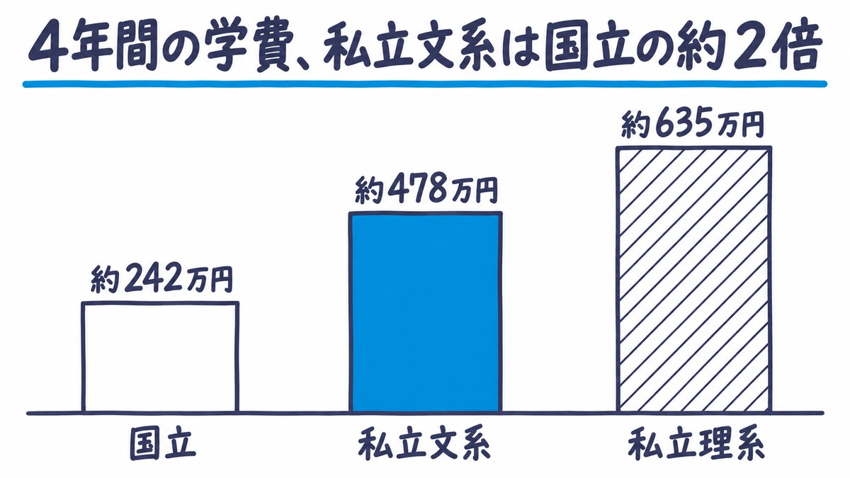 大学4年間の学費の手描き棒グラフ。国立約242万円、私立文系約478万円、私立理系約635万円。見出しは「4年間の学費、私立文系は国立の約2倍」。