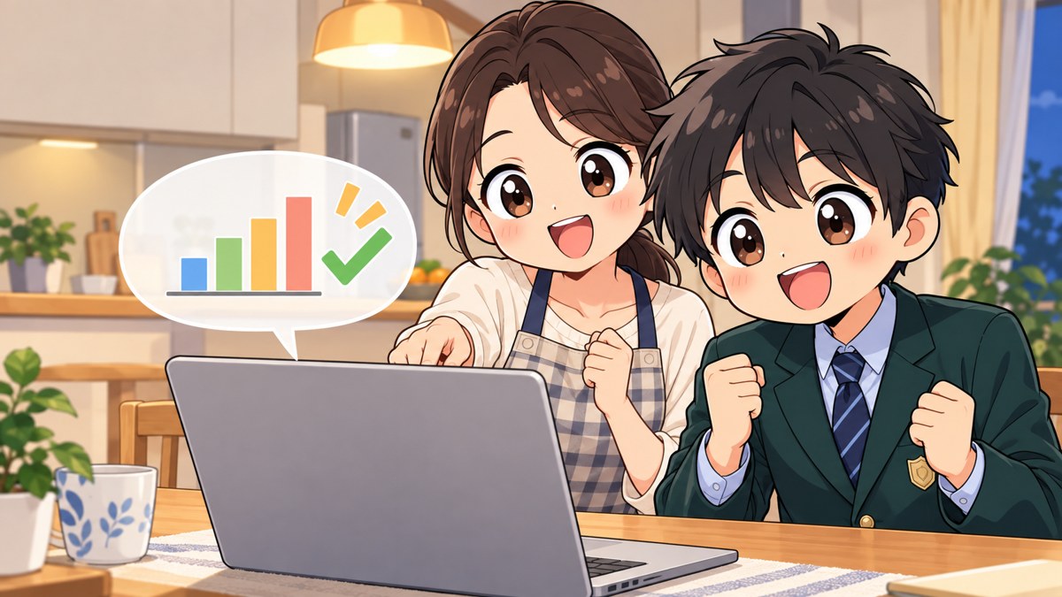 家の食卓で、母親と志学館高校の緑のブレザーの男子高校生がノートパソコンで大学の支援制度を調べ、返さなくていい支援を見つけてぱっと顔を明るくしている。