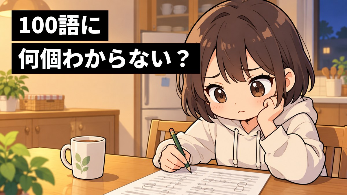 台所のテーブルで、過去問の長文にわからない単語の印をつけていき、印が多くてしょんぼりする高校生の女の子。「100語に何個わからない?」の文字。