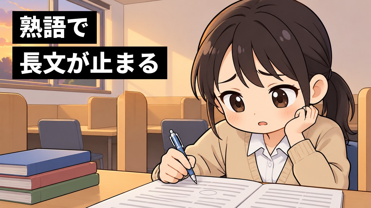 自習室の机で、長い英文のプリントの途中でペンが止まり、途方にくれた顔をする高校生の女の子。「熟語で長文が止まる」の文字。